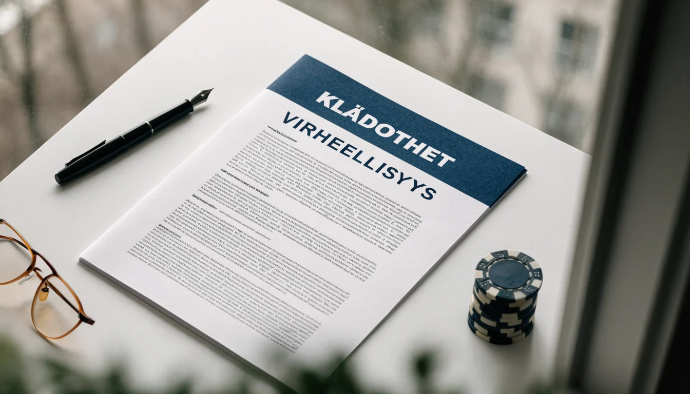Tulostettu vastuuvapausasiakirja, silmälasit ja pokerimerkit pöydällä