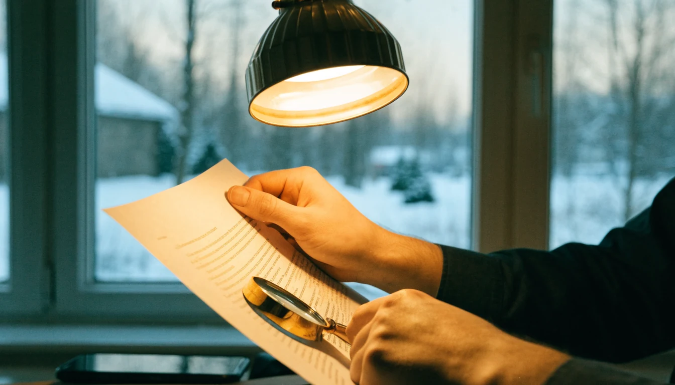Kädet pitelevät asiakirjaa suurennuslasin vieressä