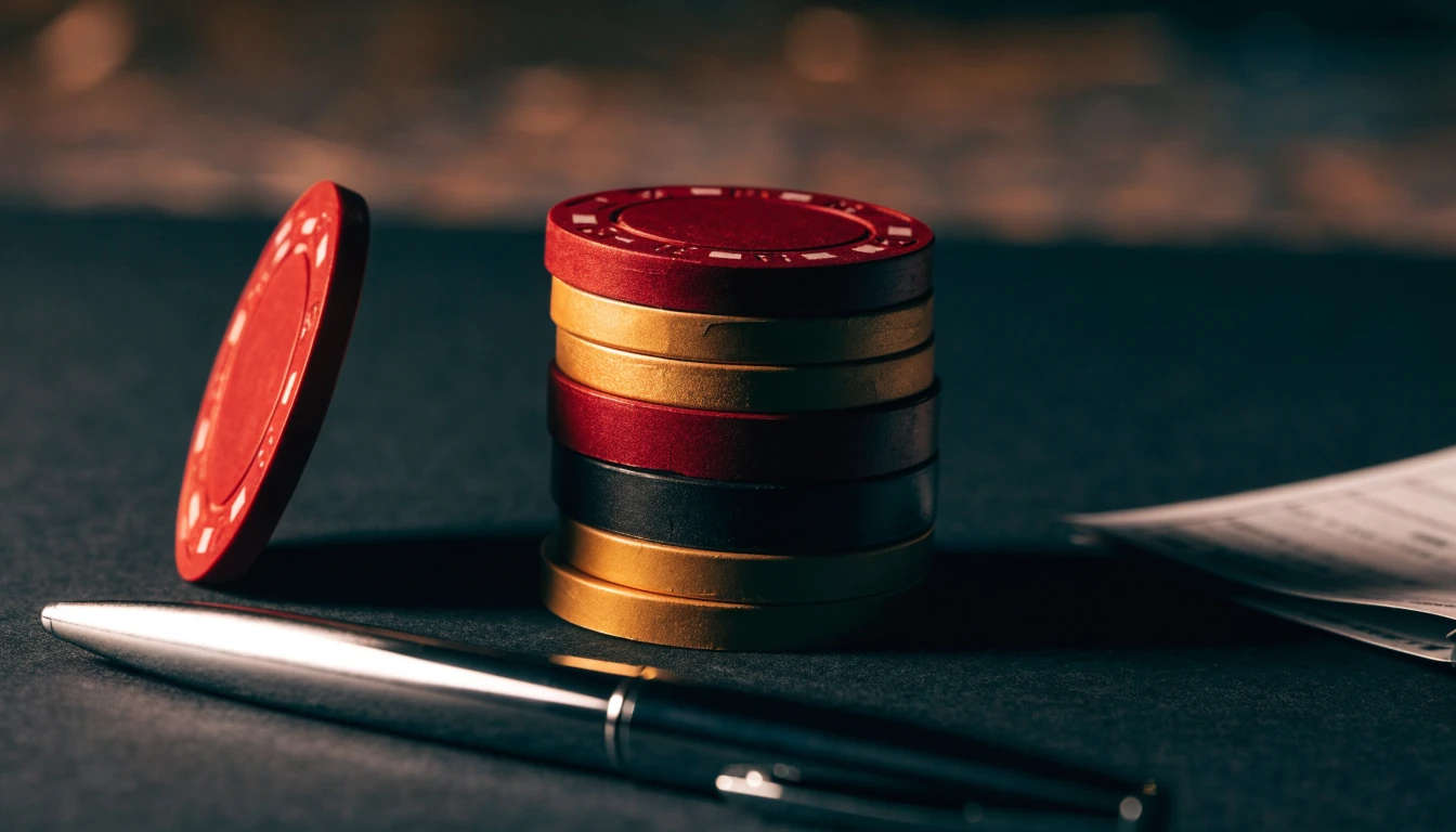 Casino-kortit ja pelimerkit tummalla pöydällä, elokuvamainen valaistus