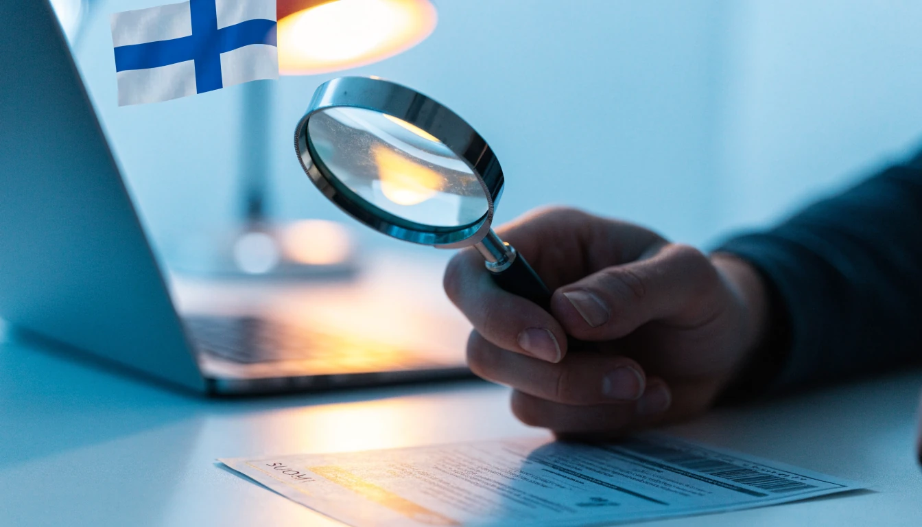 Käden tarkastama lisenssitodistus suurennuslasilla työpöydällä