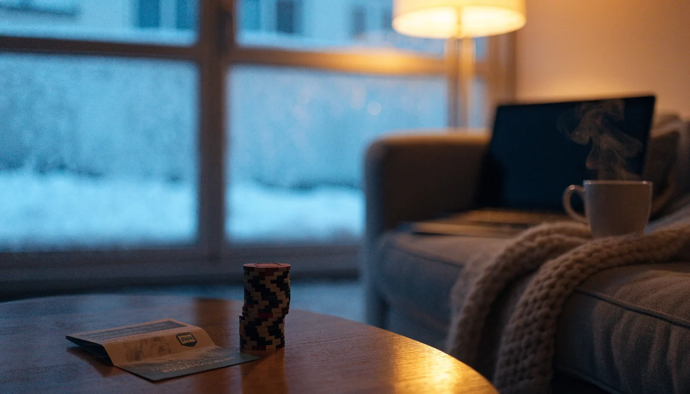 Suomalainen olohuone talvi-illassa, kasinopinoja ja tervetulobonus kahvipöydällä
