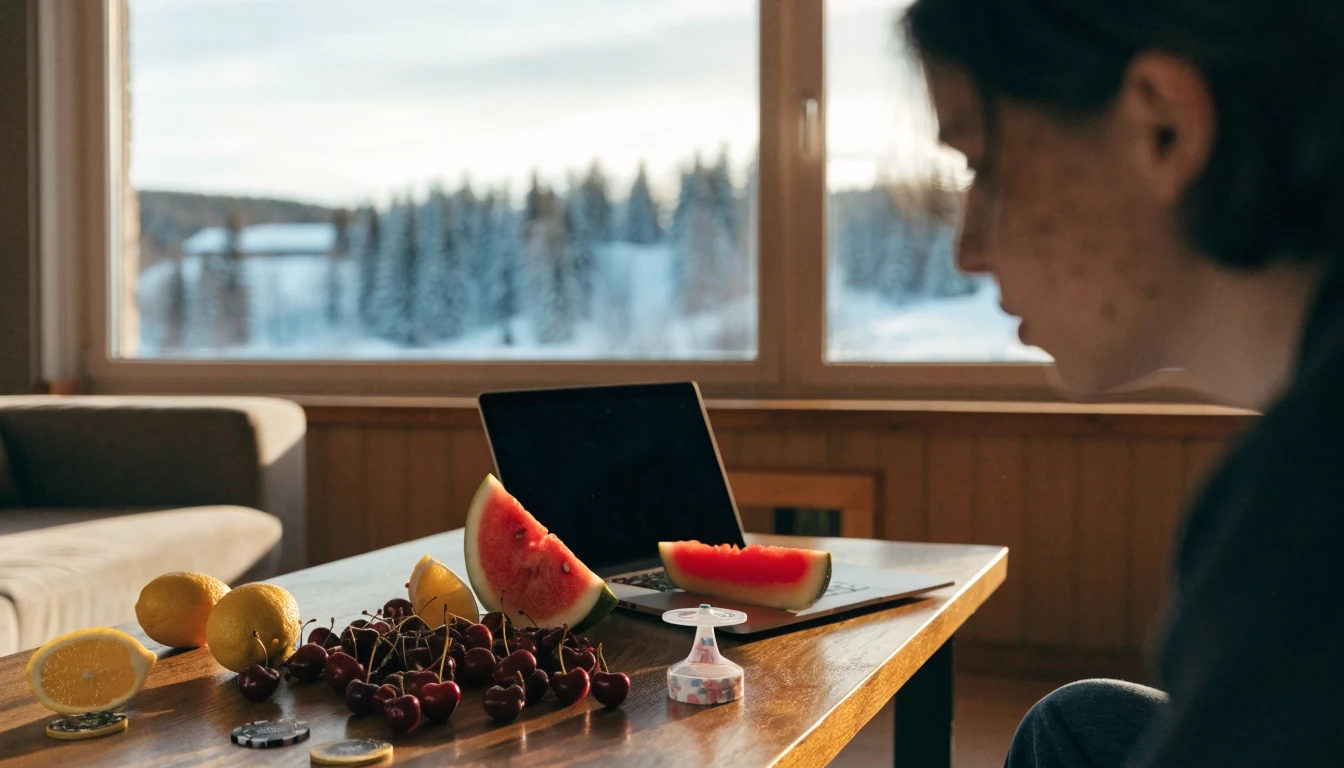 Tuoreita hedelmiä ja pelimerkkejä suomalaisessa olohuoneessa pöydällä