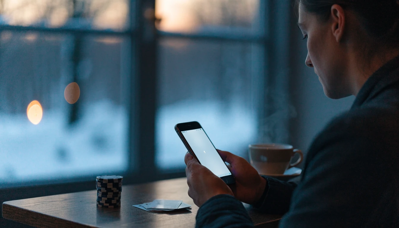 Henkilö maksaa Apple Paylla nettikasinolla suomalaisessa talvi-illassa