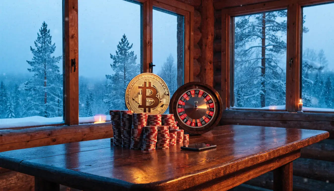 Bitcoin-kolikko, kasinopelit ja lumimaisema suomalaisessa mökissä