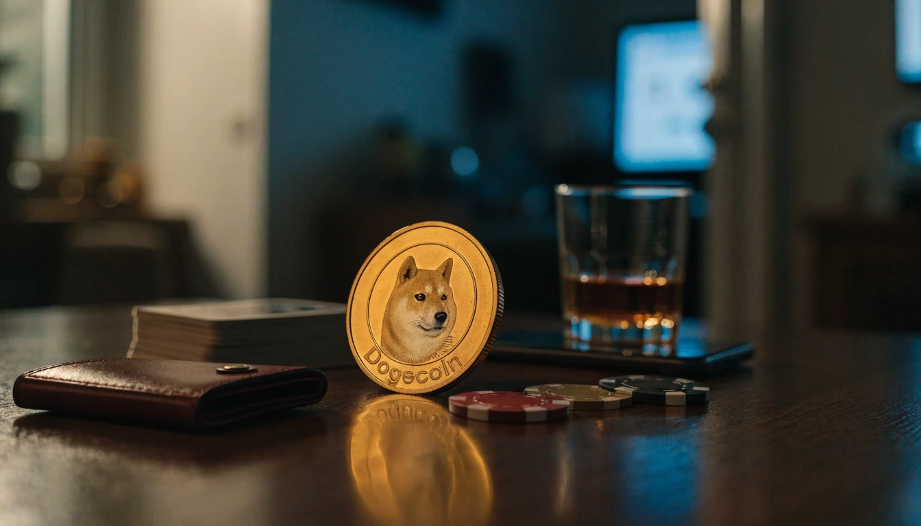 Dogecoin-kolikko pelikorttien ja pelimerkkien kanssa pöydällä
