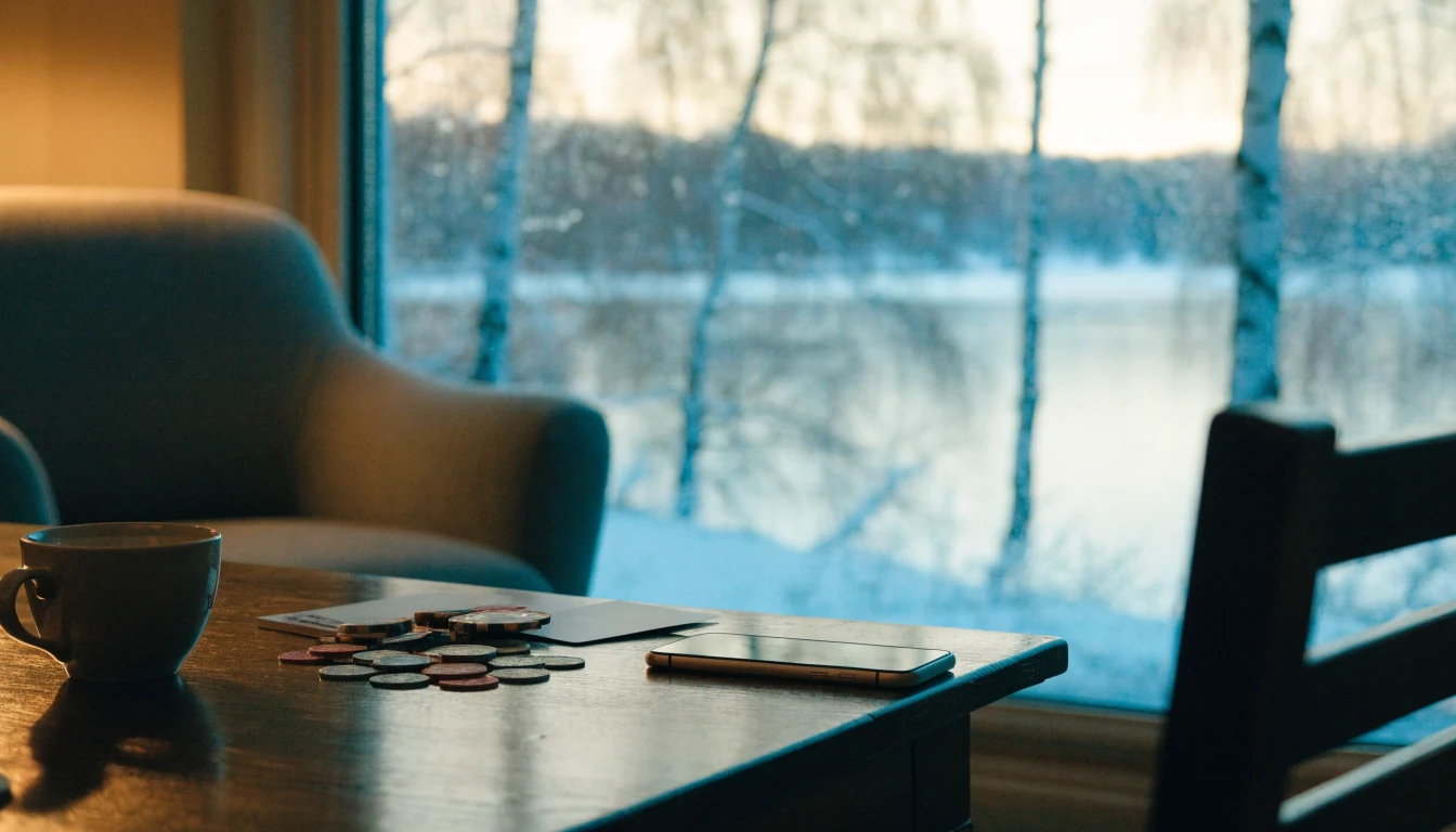 Casino-pöytä kolikoilla, pelimerkeillä ja korteilla, suomalainen talvinen tunnelma