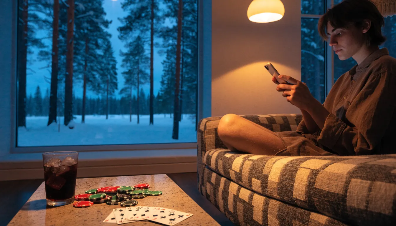 Nuori suomalainen rentoutuu sohvalla kännykkä kädessä, pelinoppia ja kortteja pöydällä