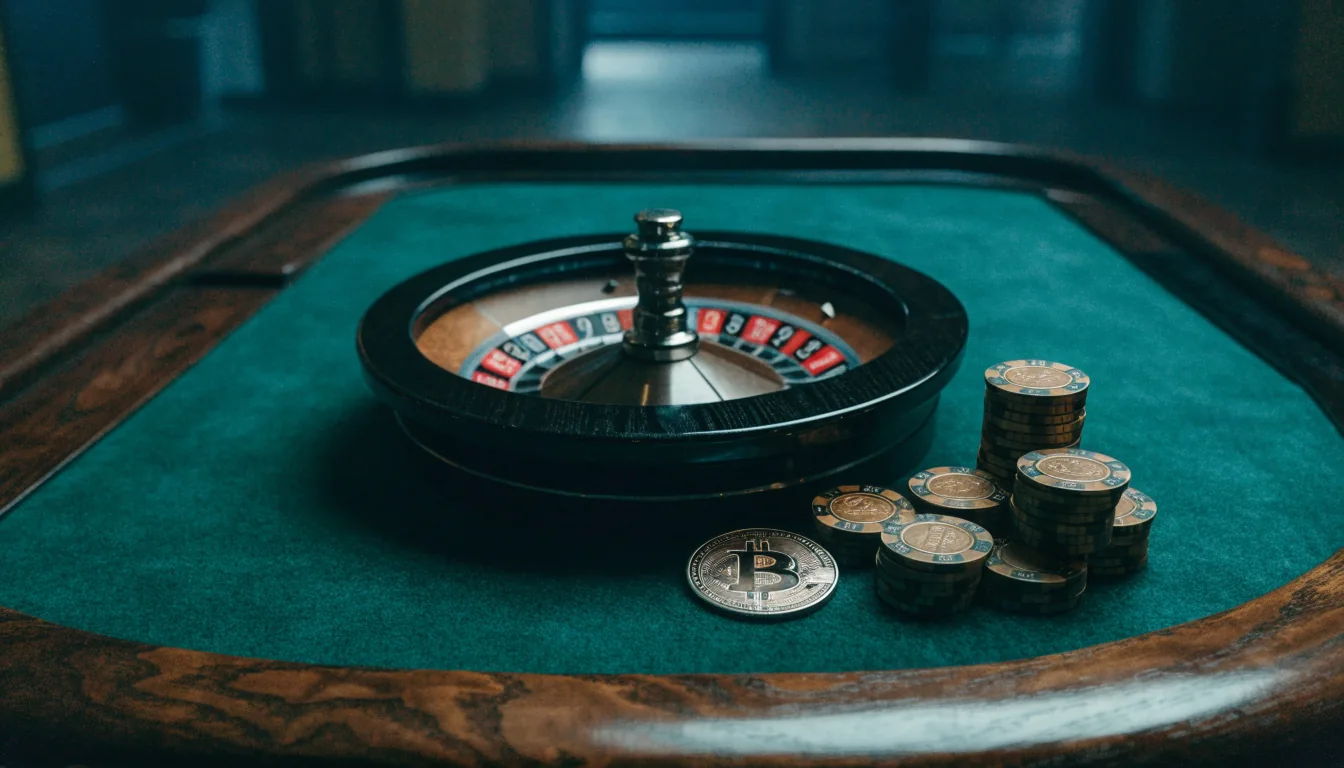 Kryptovaluutta ja rulettipöytä kasinotunnelmassa