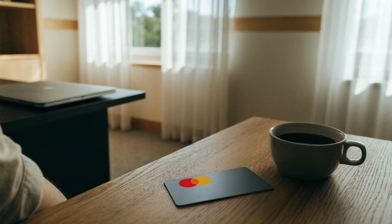 Mastercard-kortti pöydällä suomalaisessa kodissa kahvikupin vieressä