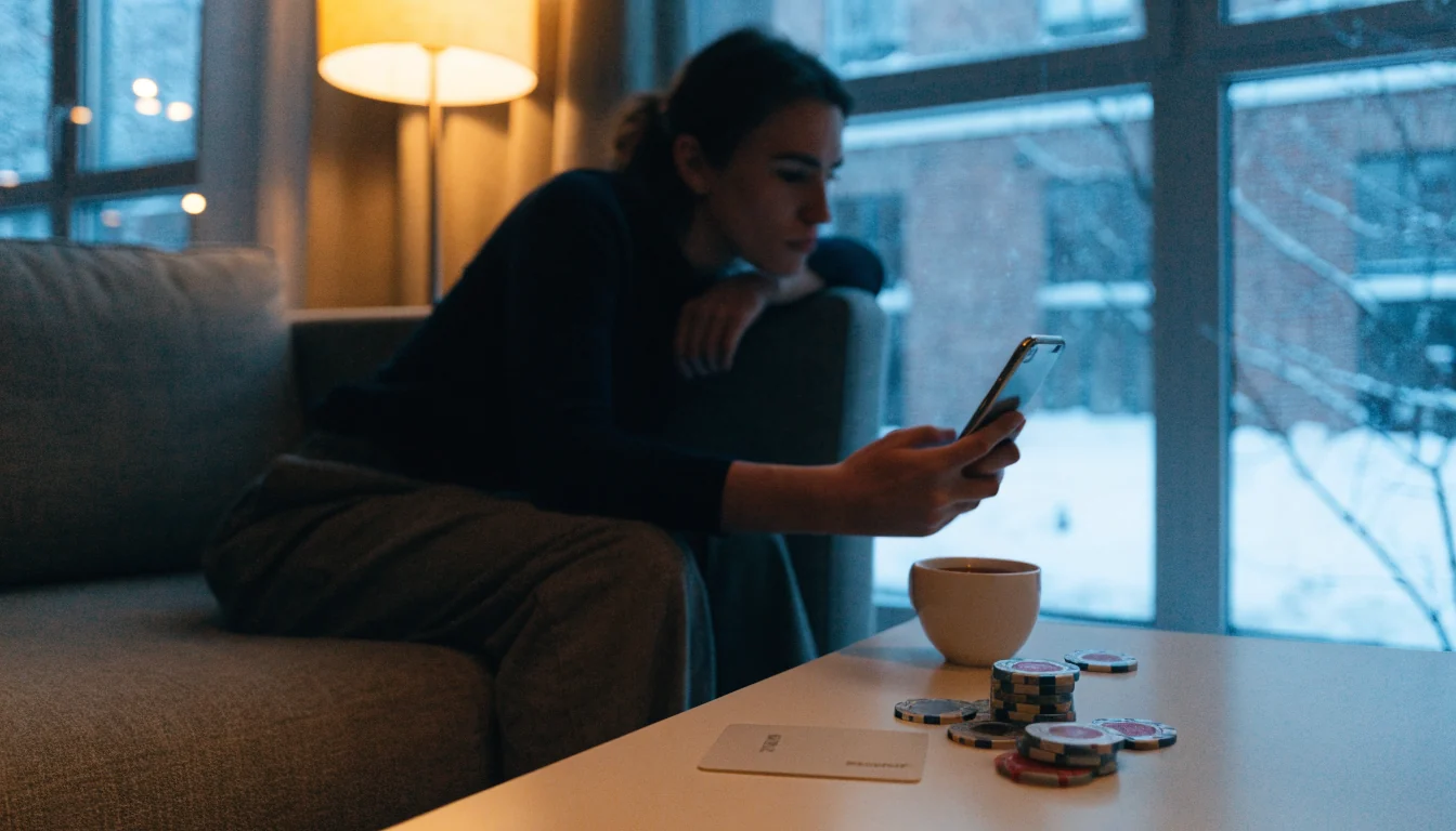 Suomalainen henkilö sohvalla puhelimen kanssa, kahvi ja pelimerkit pöydällä
