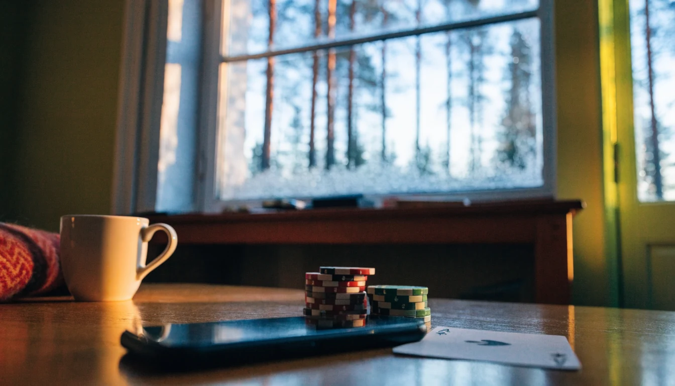 Älypuhelin kasinopelimerkkien ja pelikortin vieressä suomalaisessa sisustuksessa.