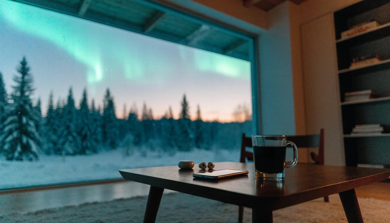 Suomalainen olohuone talvi-iltana, kahvikuppi ja älypuhuin pöydällä
