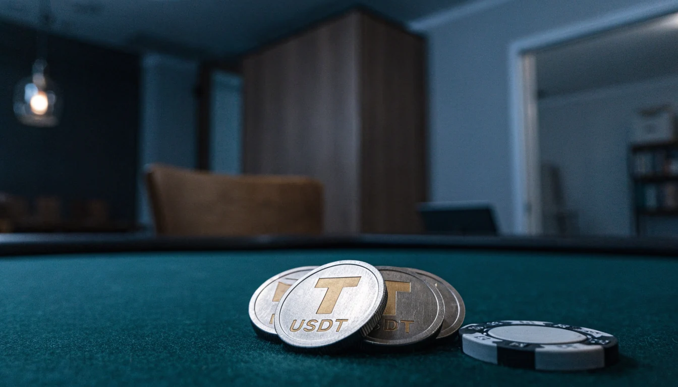 Pieni kasa USDT-kolikkoa ja pelimerkki pöydällä