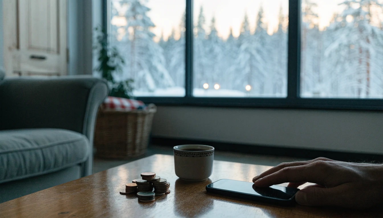 Suomalainen olohuone, älypuhelin pöydällä ja kolikoita