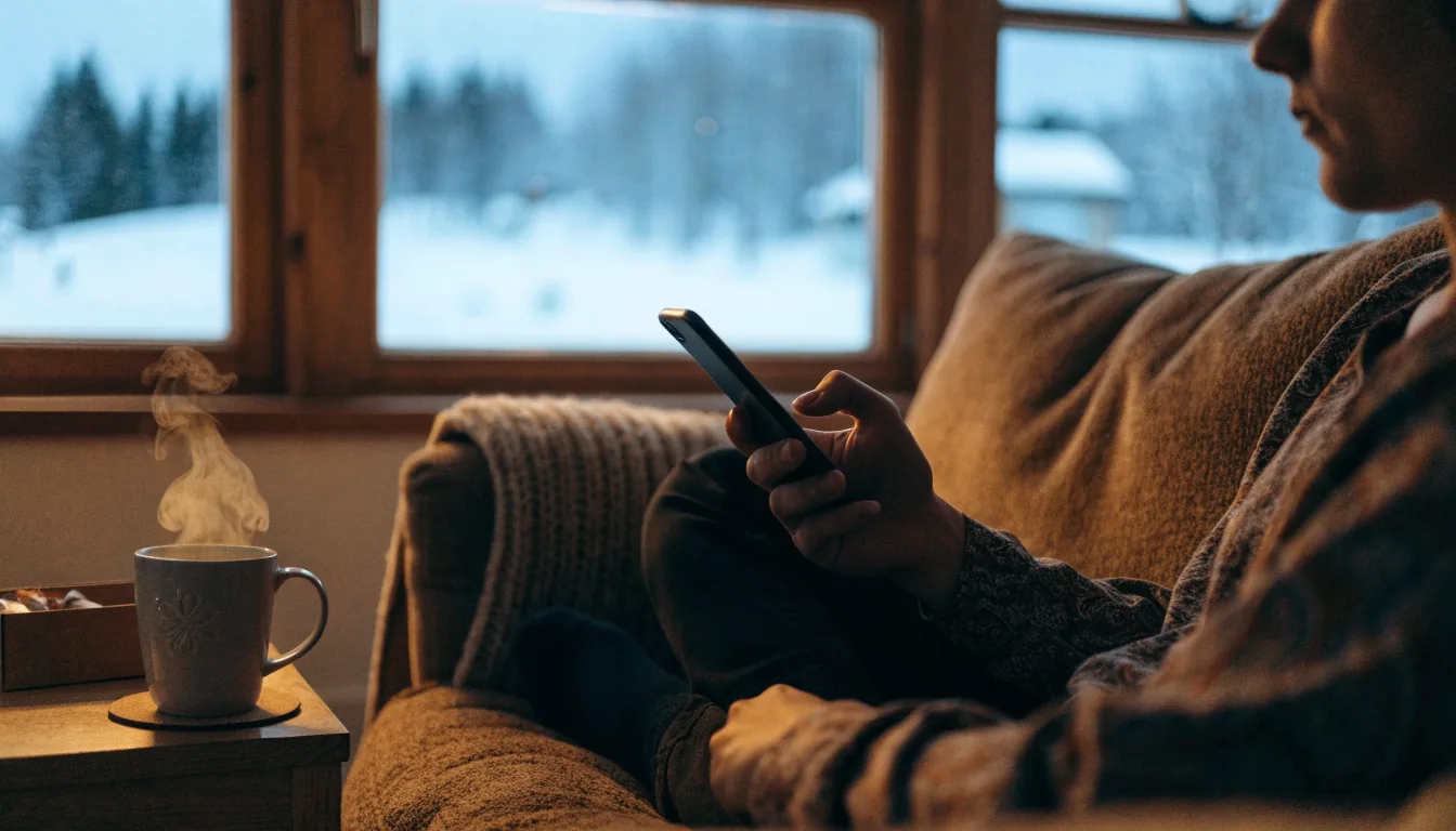 Suomalainen olohuone, henkilö sohvalla puhelimen kanssa