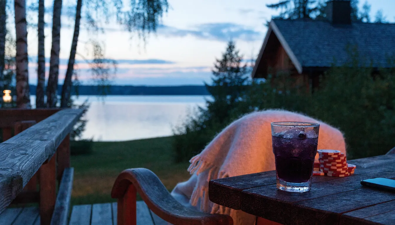 Suomalainen järvimökki illanhämyssä, älypuhelin pöydällä pelimerkkien kanssa