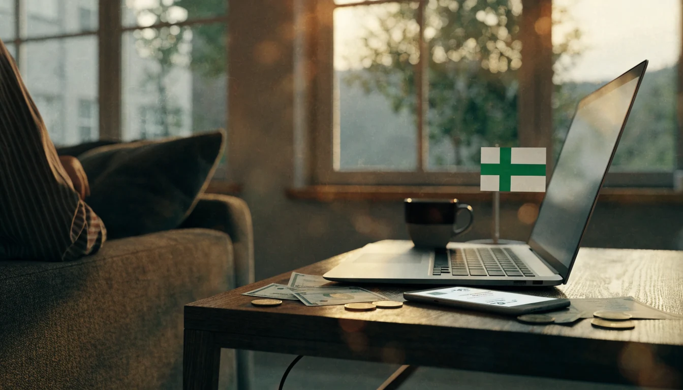 Suomalainen koti, kannettava tietokone ja puhelin nopean kotiutuksen hetkellä