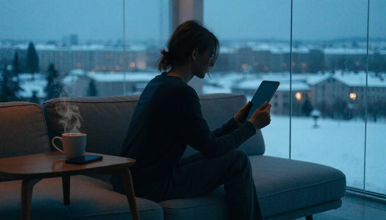 Suomalainen olohuone, henkilö sohvalla suljetun tabletin kanssa