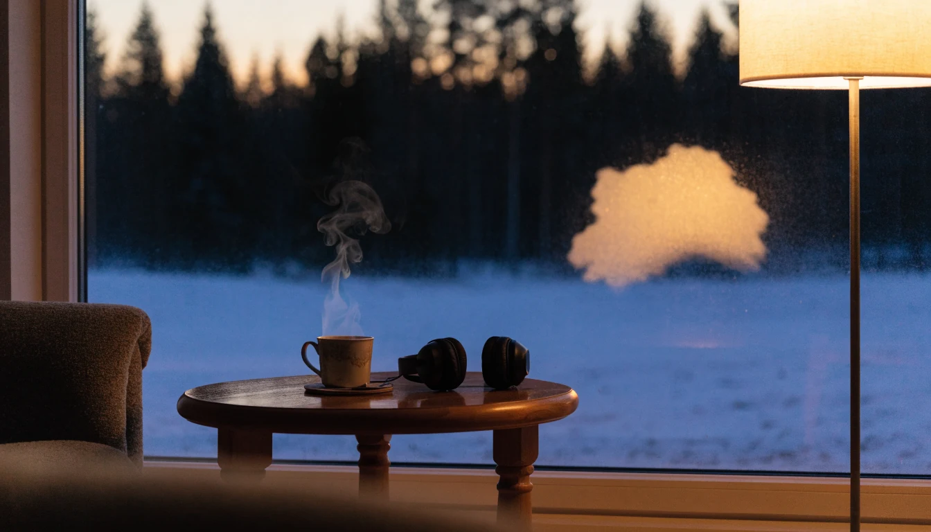 Suomalainen kodin olohuone illalla, kahvikuppi ja kuulokkeet