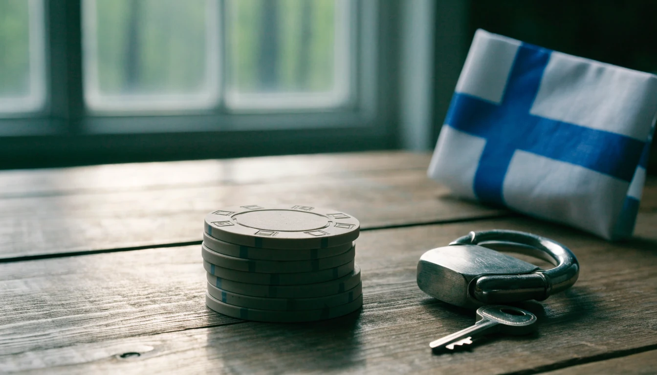 Suomalainen puupöytä pelimerkeillä, riippulukolla ja Suomen lipulla